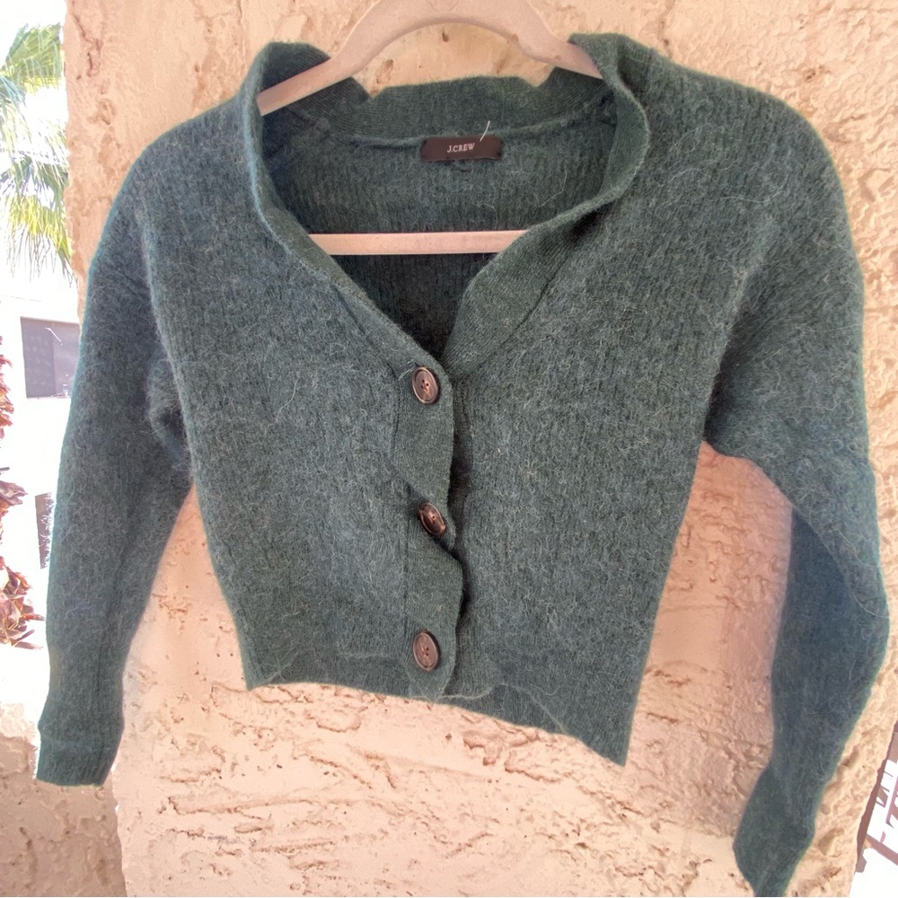 J.Crew Cardigan XS Extra Small Green Alpaca Wool Button Front Cropped Sweater